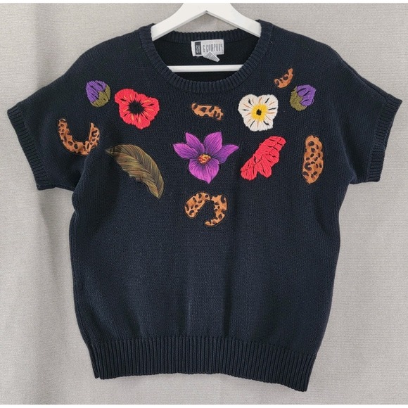SH & Company Sweaters - Vintage Sweater Embroidered Floral 80s 90s Boho Pullover Womens Medium Black